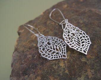 Silver Filagree Earrings - Paisley - Cut Out Design - Ethnic Inspired Jewelry - Matte Silver Everyday - Dangle Earrings
