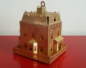 Beautiful vintage brass Christmas ornament, miniature picket-fence house