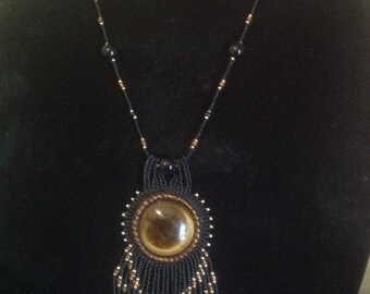 Beaded Embroidered Tigers Eye Pendandant Necklace