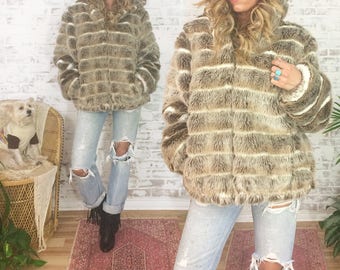 Vintage 1980's GLAM Chubby Faux Fur Hooded Vegan Bomber Coat || Cafe Latte Mocha Brown || Animal Friendly || Size Medium Large