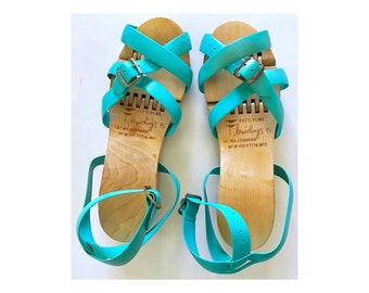 1950's Flexiclogs Wooden Sandals w/ Turquoise Straps