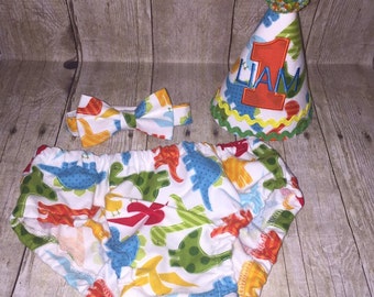 Dinosaur Cake Smash Outfit - First Birthday Outfit - Dinosaurs - Diaper Cover, Bow Tie & Birthday Hat - Birthday Outfit - 1st Birthday