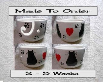 Valentines Day Cats & Hearts Yarn Bowl Handmade Original Earthenware Clay by Grace M Smith