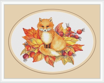 Autumn fox cross stitch pattern, cross stitch pattern fall leaves flower, modern cross stitch pattern modern PDF instant download