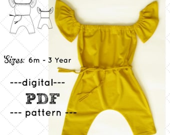 Girls Romper pattern, Harem Romper pattern, Playsuit PDF, Off-the-shoulder Jumpsuit pattern, Girls Playsuit PDF, Underarms Romper Pattern