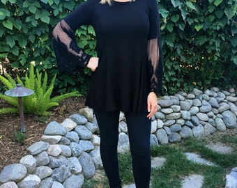 Plus size tunic, Black tunic top, Tunic Tops, Woman Tunic, Black Top w/Lace Sleeve, S M L, XL 2X 3X Round Neck
