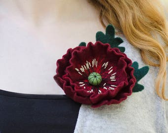 Statement Jewelry Dark Red Poppy Pin Burgundy Flower Brooch Statement Gift for Mum Gift Idea Mothers Day Gift Idea for Wife Poppies Jewelry