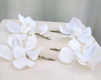Wedding hair accessories - White orchid bobby pins - Set of 4 Bridal hair flowers