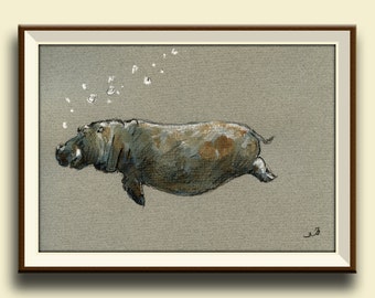 Druck-Hippo-Hippo Schwimmen von Aquarell Malerei-Afrika Safari Dekor-Art Print von Juan Bosco