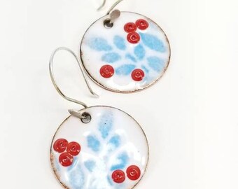 white red and blue floral design torch enamel copper disc earrings with hand forged sterling silver hear wire