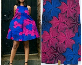Blue & Pink African Fabric; Ankara Fabric; African Clothing; African Fabric in yard; African Headwrap;Fabric by the yard; Blue Fabric