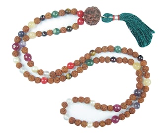 Meditation Prayer Beads Yoga Necklace Japamala Rudraksha Navgraha Nine Planet Stone Healing Mala - Remove Obstacles