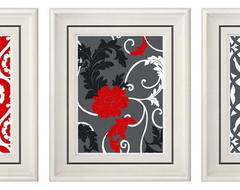 Set of Three Modern Red/Gray Wall Art - Print Set - Home Decor (Unframed)