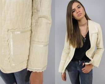 Vintage 70s Gunnies Sax Quilted Jacket, Boho Jacket, Natural Cotton Jacket, Hippie, Crochet, Ecru Jacket Δ size: sm / md