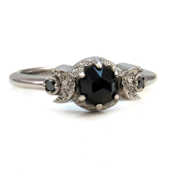 Gothic New Moon Engagement Ring with Rose Cut Black Spinel Or Rose Cut Black Diamond - White Gold