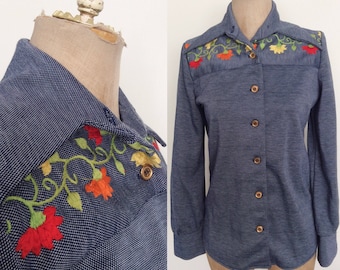 1970's Denim Blue Embroidered Button Up Shirt Size Small Medium by Maeberry Vintage