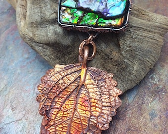 Rainbow Ammolite Artisan Copper PMC Leaf Pendant