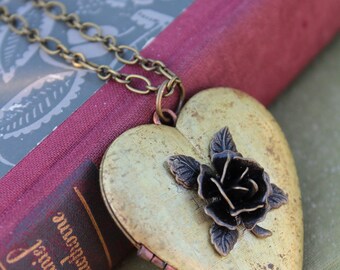 Heart Locket, Vintage heart necklace, Rose heart locket, vintage rose necklace, Valentine jewelry, gift for her