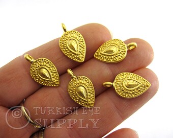5 pc, Mini Teardrop Charms, 22K Gold Plated, Turkish Jewelry, Tribal Jewelry, Gold Teardrop Pendants, Tribal Charms