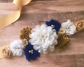 Royal Blue and Gold Maternity Sash Boy It’s a boy Flower sash Belly Sash Gender Reveal Party Baby Shower Gift Keepsake