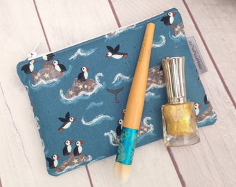 Puffins small makeup bag, make up bag, zippered pouch, storage pouch, phone pouch, puffins, whales, puffins mirror.