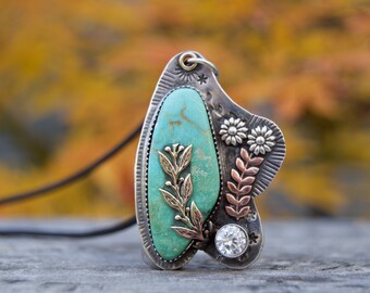 Campitos Turquoise Sterling Silver Necklace . Crystal . Flowers . Hand Forged . Sterling Necklace.Rustic. Necklace. Mixed Metals