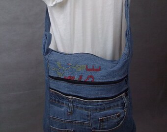 Denim Handbag Purse Shoulder Bag Jean Upcycled Blue Embroidered