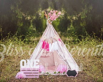 First birthday cake smash, tee pee, pink, floral composite in lush green flowers digital background