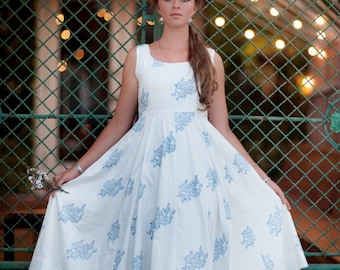 Sleeveless White Blue Block Print dress Anarkali Cottage Boho