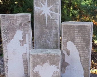 Hand Painted Four Block Nativity - White/Coco