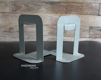 Mid Century Gray Metal Book Ends - Industrial Office File Folder Stands - Modified