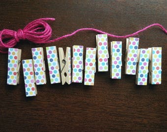 Baby First Birthday Shower - Blue Pink and Orange Polka Dot Chunky Little Clothespin Clips w Twine for Display - Set of 12 - Gifts Under 10