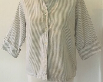 Vintage Striped Blouse | Macshore Classics | White and Grey Striped Button Front Blouse | 1950s Collar Blouse