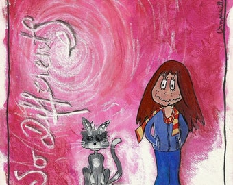 If different - painting illustration of Campanilla the bond between a girl and her cat