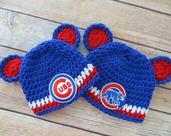 Cubs Crochet Hat, Baseball, Newborn to toddler, photo prop, MLB, shower gift, girl boy, choose CUBS or BEAR Patch, Chicago Cubs Baseball