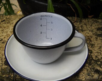 Wonderful White Enamel Medical Surgical USN United States Navy Measure Ounces Cup & Saucer