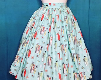 Retro Atomic Cat Mid Century Gathered Pinup Skirt