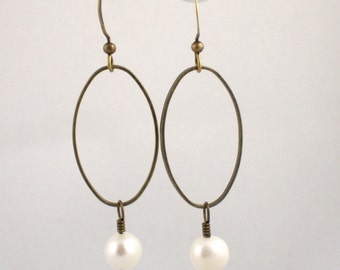 Pearl and Brass Hoop Earrings
