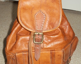 Vintage 1980's Classic Golden Tan Moroccan Leather Backpack, Festival Bag - Country Chic