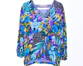 80s oversized Sequin Top vaporwave disco Shirt mardi gras ultra violet Tropical Print beaded sequined Silk blouse raver M medium Cointrelle