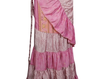 Womens Ruffle Vintage Wrap Skirt Printed Upcycled Silk Sari Full Length Flare Boho Chic Summer Fashion Maxi Skirts