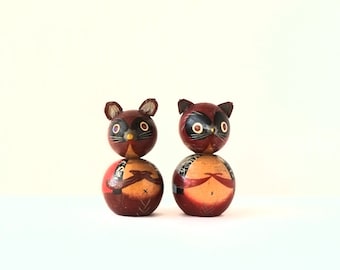 kokeshi doll vintage a couple of raccoons 5cms/2inches