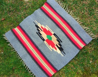 Vintage Gray Mexican Saltillo Serape Wool Mat