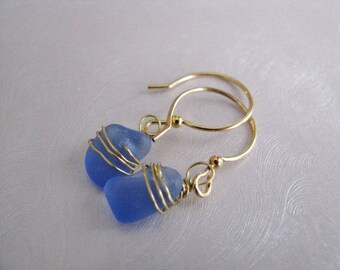 Genuine Sea Glass Jewelry Small Earrings , Beach Glass Dangle Earrings , Cornflower Blue , Beach Glass Jewelry - Rare Sea Glass from PEI