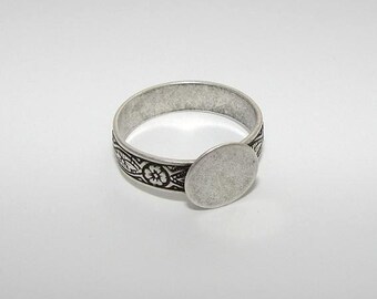 Ring Blanks - 10 Large Size Antiqued Silver Ox FLORAL Style 3 Glue On Pad Adjustable Ring Blanks, Hidden Adjustment, Top Adjustable