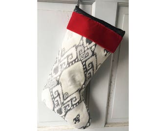 Charcoal Ikat Christmas Stocking Red Velvet Cuff Ready to Ship Heirloom Holiday Decor