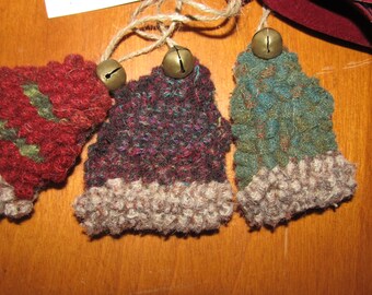 Set of 3 Primitive Hooked Rug Mini Christmas Ornament Winter Hats with Bells Folk Art