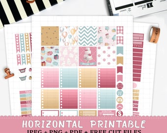 Horizontal Birthday printable planner stickers for Erin Condren LifePlannerTM cut files watercolor party balloon cake present wedding weekly