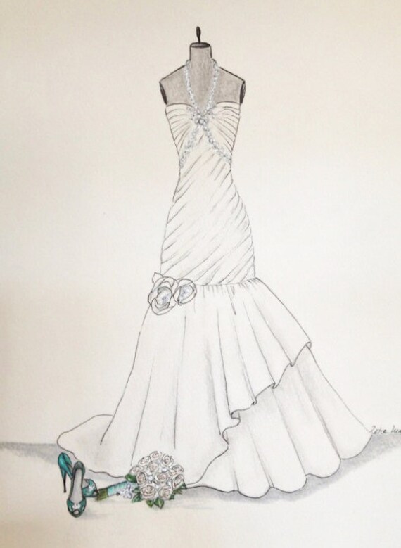 Custom wedding dress sketch wedding gown bouquet and shoes