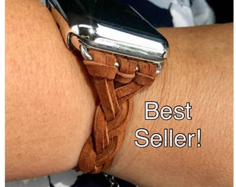 Apple Watch Band 38mm 42mm Women Bracelet iWatch FREE Bracelet Helper! "Braided Rustic Brown Ultra Suede Leather" Adapters Case Womens 38 42